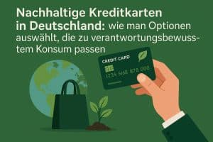 „Infografik in Grüntönen mit dem deutschen Titel ‚Nachhaltige Kreditkarten in Deutschland: wie man Optionen auswählt, die zu verantwortungsbewusstem Konsum passen‘. Links ist ein Globus mit Fokus auf Europa zu sehen, daneben eine dunkle Einkaufstasche als Symbol für bewussten Konsum. Unten sprießt ein kleiner Setzling aus der Erde und betont Nachhaltigkeit. Rechts hält eine Hand eine grüne Kreditkarte mit Blatt-Icon und der Aufschrift ‚CREDIT CARD‘, die ein umweltfreundliches Finanzprodukt darstellt. Die Bildkomposition vermittelt die Auswahl von Kreditkarten, die zu nachhaltigen Kaufgewohnheiten in Deutschland passen.“