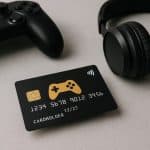 Eine schwarze, gamerorientierte Kreditkarte liegt auf einer grauen Oberfläche, flankiert von einem schwarzen Gaming-Controller und schwarzen Over-Ear-Kopfhörern. Die Szene ist minimalistisch gestaltet und zeigt moderne Technik mit klarer, weicher Beleuchtung.