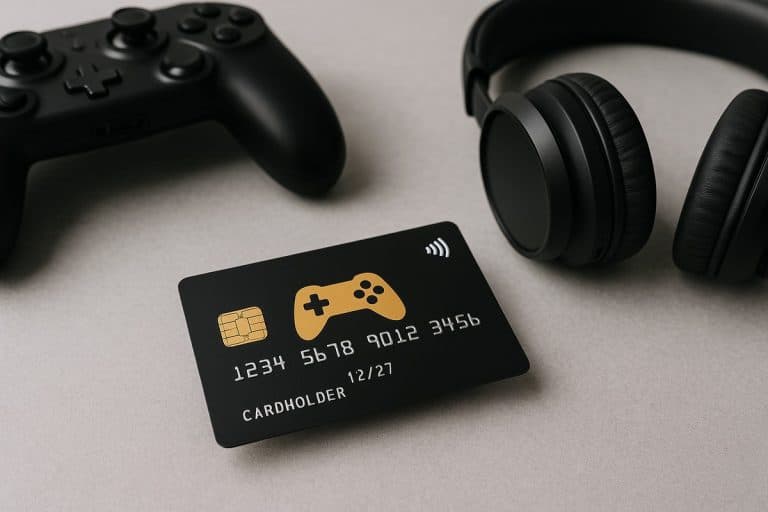 Eine schwarze, gamerorientierte Kreditkarte liegt auf einer grauen Oberfläche, flankiert von einem schwarzen Gaming-Controller und schwarzen Over-Ear-Kopfhörern. Die Szene ist minimalistisch gestaltet und zeigt moderne Technik mit klarer, weicher Beleuchtung.