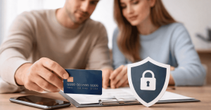 Paar prüft Finanzdokumente am Tisch, hält eine Kreditkarte in der Hand, daneben ein Smartphone und ein Schutzschild-Symbol als Zeichen für Sicherheit bei Kartenzahlungen.