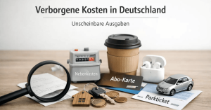 Alltagsausgaben in Deutschland mit Fokus auf finanzielle tipps, dargestellt durch Abo-Karte, Parkticket, Kaffeebecher, Kopfhörer, Schlüssel, Quittungen, Lupe und Münzen als Symbol für versteckte Kosten und unscheinbare Ausgaben.