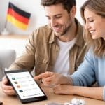 Paar betrachtet Finanz-Tipps auf einem Tablet zu Hause, während sie gemeinsam digitale Ausgaben und Apps vergleichen.
