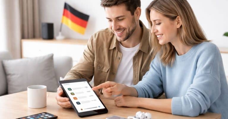 Paar betrachtet Finanz-Tipps auf einem Tablet zu Hause, während sie gemeinsam digitale Ausgaben und Apps vergleichen.