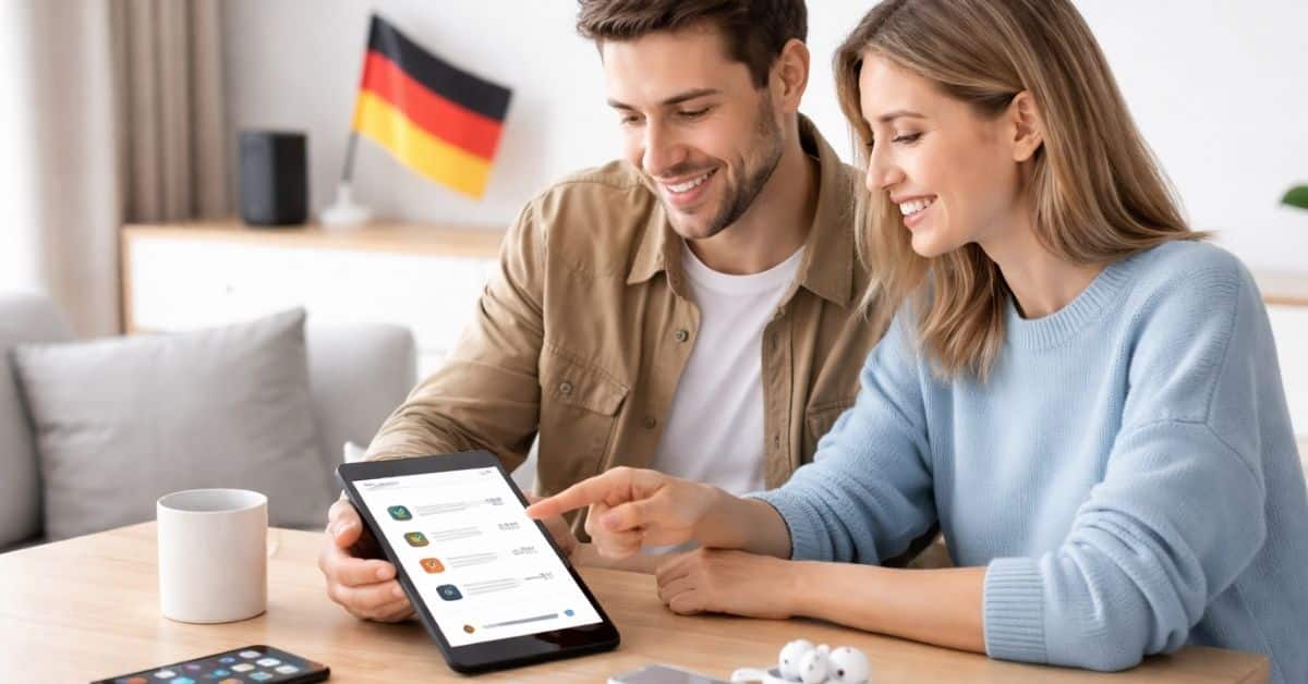 Paar betrachtet Finanz-Tipps auf einem Tablet zu Hause, während sie gemeinsam digitale Ausgaben und Apps vergleichen.