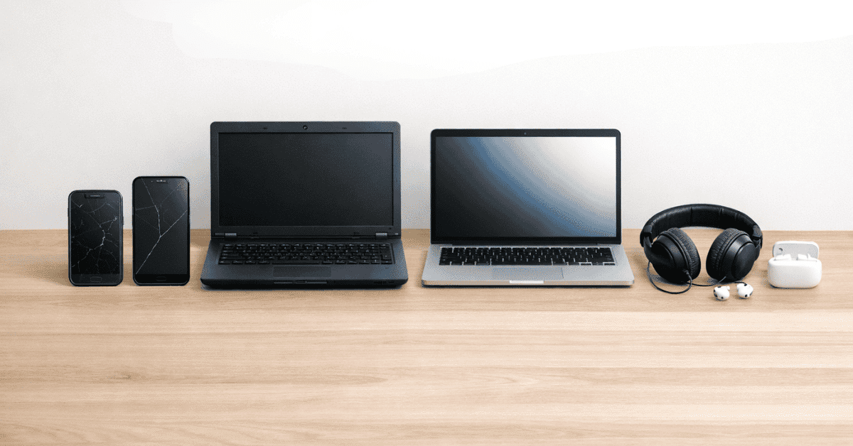 Elektronische Geräte wie Smartphones, Laptops und Kopfhörer auf einem Schreibtisch angeordnet, als visuelle Darstellung für Technologie-Tipps und digitale Nutzung im Alltag.