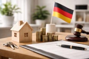 Holzhaus-Miniatur neben gestapelten Münzen, Schlüsseln und einem unterzeichneten Vertrag auf dem Tisch, mit der deutschen Flagge und einem Richterhammer im Hintergrund, was Immobilienplanung, rechtliche Sicherheit und Tipps zur finanziellen Organisation sowie Investitionen in Deutschland darstellt.