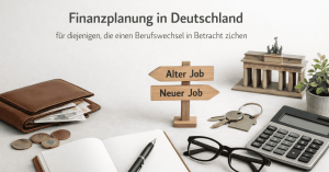 Finanzplanung in Deutschland mit Fokus auf Berufswechsel: Auf dem Bild sieht man ein Holzschild mit den Wegweisern „Alter Job“ und „Neuer Job“, daneben ein Portemonnaie mit Euro-Banknoten und Münzen, ein Notizbuch mit Stift, eine Brille, einen Taschenrechner und einen Schlüsselbund. Im Hintergrund steht ein Modell des Brandenburger Tors, was den Deutschland-Bezug unterstreicht.