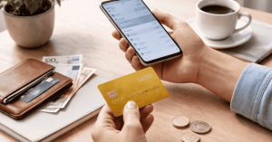 Person hält eine goldene Kreditkarte in der Hand und nutzt gleichzeitig eine Banking-App auf dem Smartphone. Auf dem Tisch liegen eine Geldbörse mit weiteren Karten, Euro-Banknoten, Münzen sowie eine Tasse Kaffee und eine Pflanze im Hintergrund. Die Szene symbolisiert digitales Banking, kontaktloses Bezahlen und den alltäglichen Einsatz einer Kreditkarte im modernen Finanzalltag.