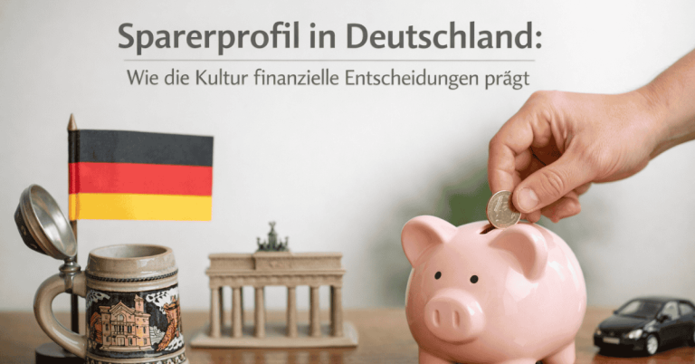 Sparerprofil in Deutschland mit deutscher Flagge, Sparschwein und einer Hand, die eine Münze einwirft, daneben Brandenburger Tor und Bierkrug – symbolisch für kulturelle Einflüsse auf finanzielle Entscheidungen und praktische Tipps zum Sparen.