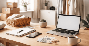 Workspace with laptop, notebook, cash and phone on wooden desk, illustrating budgeting tipps and financial organization at home.