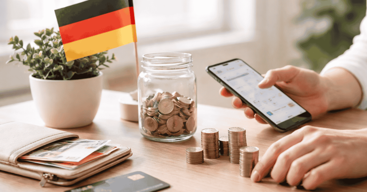 Person using smartphone with coins, wallet and jar savings near German flag, representing personal Finanzen and money management at home.