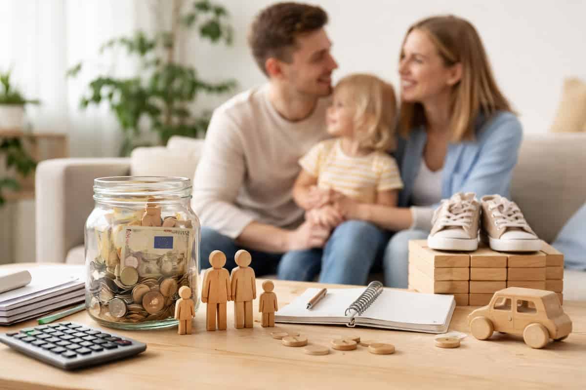 Familie mit Kind im Hintergrund und Sparglas mit Münzen, Notizbuch und Taschenrechner auf dem Tisch – Symbol für Haushaltsplanung und Nutzung einer Kreditkarte in Deutschland.