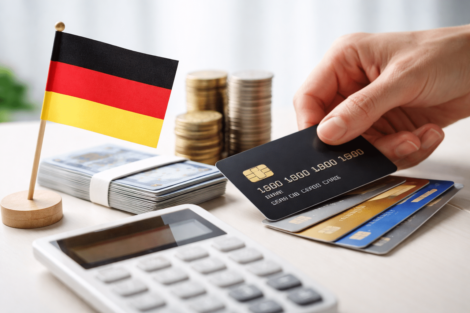 Hand hält eine Kreditkarte neben gestapelten Münzen, Geldscheinen, Taschenrechner und deutscher Flagge – Symbol für Nutzung einer Kreditkarte in Deutschland.