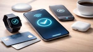 Das Bild zeigt eine minimalistische und realistische Darstellung moderner digitaler Zahlungsmittel, darunter ein Smartphone mit kontaktloser Bezahlfunktion, eine Smartwatch, ein Zahlungsterminal und kreditkarte