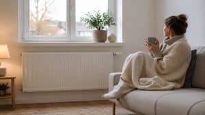 Das Bild zeigt eine ruhige und minimalistische Wohnsituation während des Winters. Eine Frau sitzt eingehüllt in eine warme Decke neben einer Heizung und vermittelt ein Gefühl von Geborgenheit und Komfort.