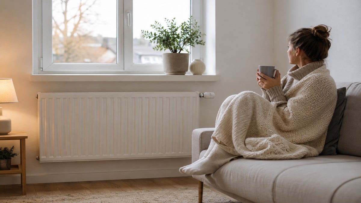 Das Bild zeigt eine ruhige und minimalistische Wohnsituation während des Winters. Eine Frau sitzt eingehüllt in eine warme Decke neben einer Heizung und vermittelt ein Gefühl von Geborgenheit und Komfort.