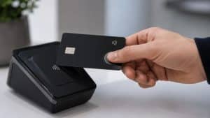 Das Bild ergänzt dieses Konzept durch die Darstellung einer minimalistischen und realistischen Szene kontaktlosen Bezahlens. Eine Hand hält eine moderne biometrische Karte vor ein digitales Terminal und verdeutlicht so die Integration von Technologie, Komfort und Datenschutz im modernen Finanzleben.