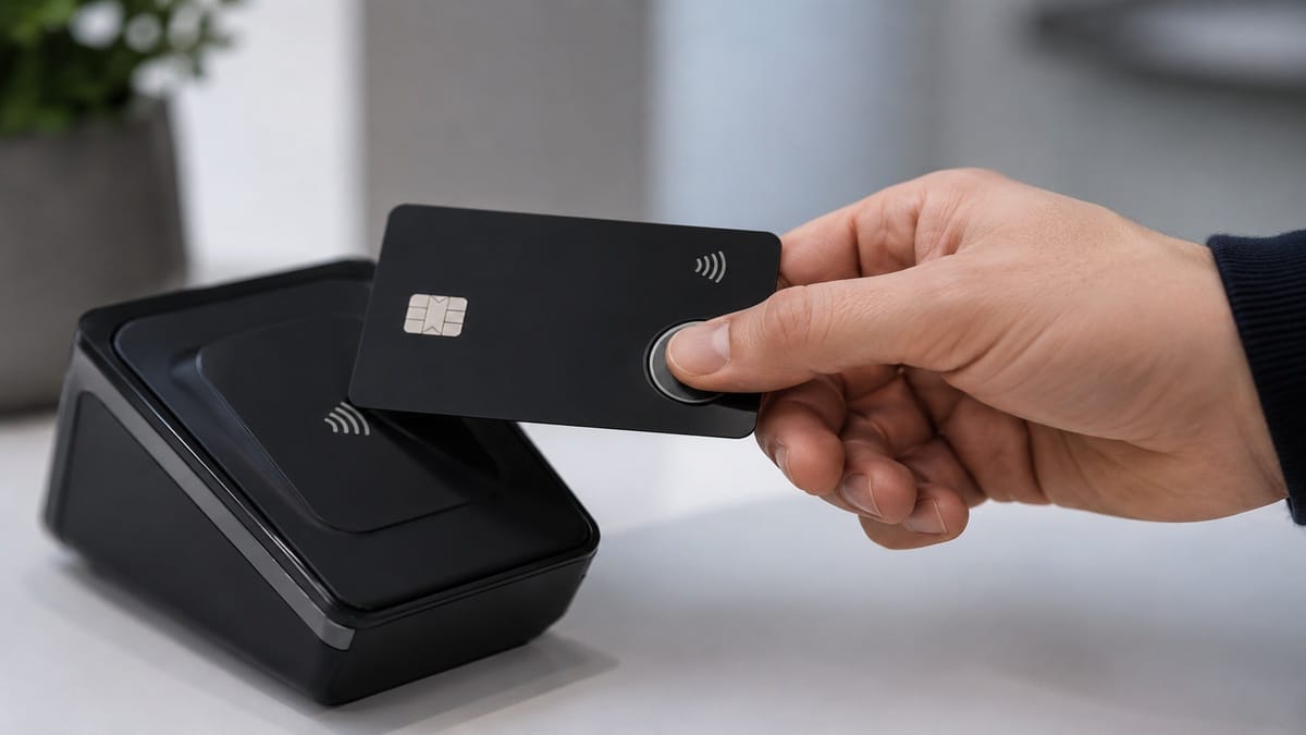 Das Bild ergänzt dieses Konzept durch die Darstellung einer minimalistischen und realistischen Szene kontaktlosen Bezahlens. Eine Hand hält eine moderne biometrische Karte vor ein digitales Terminal und verdeutlicht so die Integration von Technologie, Komfort und Datenschutz im modernen Finanzleben.