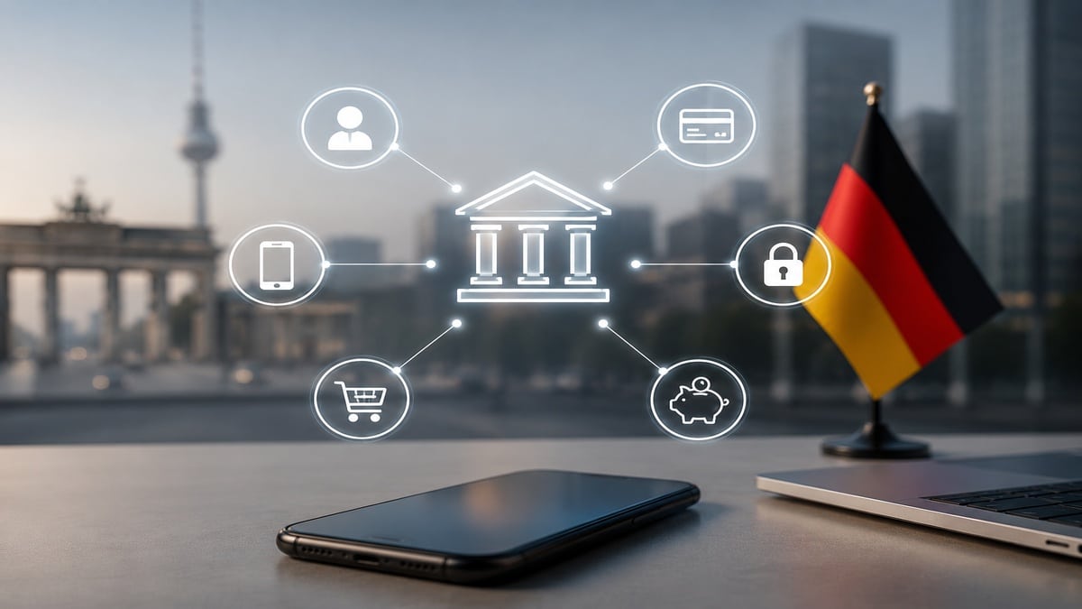 Modernes digitales Bankökosystem in Deutschland mit einem Smartphone und einem Laptop auf einem minimalistischen Arbeitsplatz. Leuchtende Symbole für sichere Finanzverbindungen sind mit einem zentralen Banksymbol vernetzt, während eine deutsche Flagge im Vordergrund steht. Die unscharfe Stadtkulisse im Hintergrund vermittelt Innovation und Technologie und veranschaulicht, wie finanzen durch sicheren Datenaustausch, digitale Lösungen, personalisierte Finanzverwaltung und einen verbesserten Zugang zu Bankdienstleistungen profitieren.